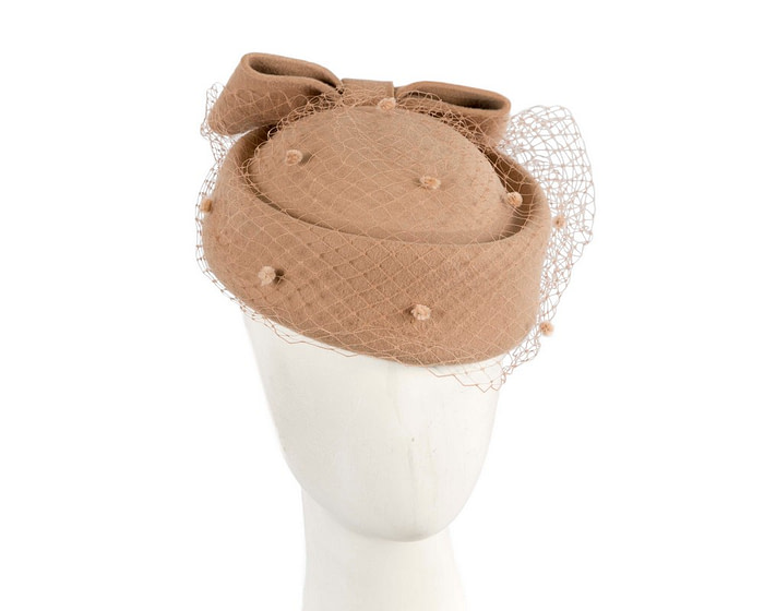 Beige felt pillbox hat with face veil by Max Alexander