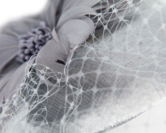 Silver fascinator with feather and veil - Hats From OZ