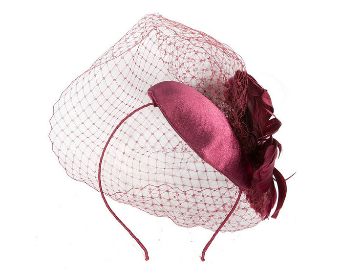 Burgundy fascinator with feather and veil - Image 4