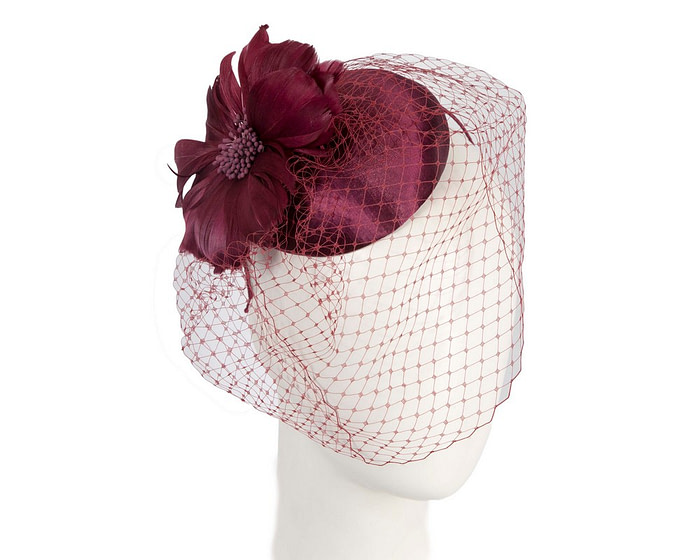 Burgundy fascinator with feather and veil - Hats From OZ