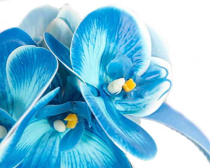 Bespoke blue orchid flower headband by Fillies Collection - Image 3