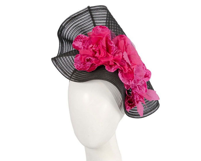 Large black & fuchsia racing fascinator with flowers by Fillies Collection