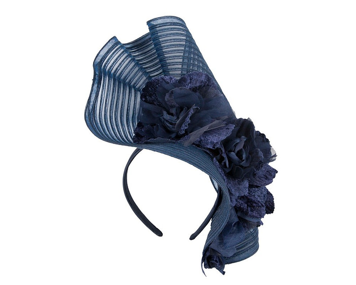 Large navy racing fascinator with flowers by Fillies Collection - Image 2