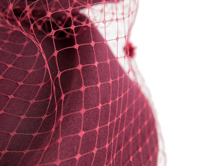 Burgundy felt pillbox hat with face veil by Max Alexander - Image 4