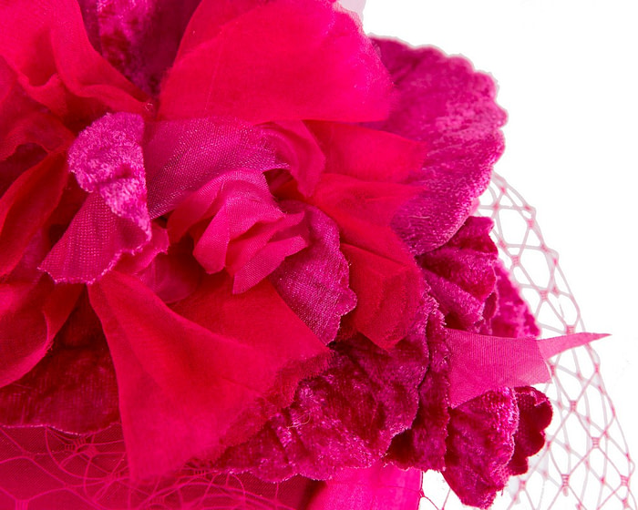 Custom made fuchsia pillbox hat with flowers & face veiling - Image 5