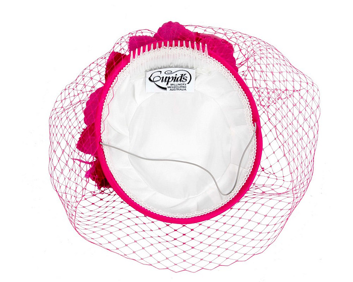 Custom made fuchsia pillbox hat with flowers & face veiling - Image 4