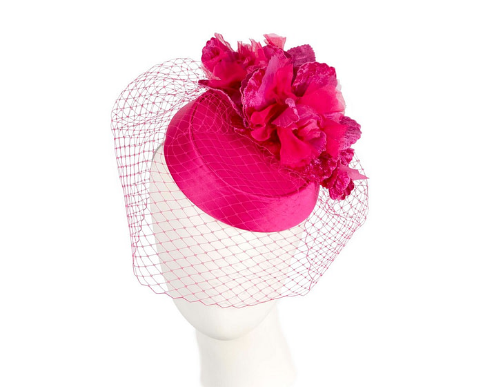 Custom made fuchsia pillbox hat with flowers & face veiling