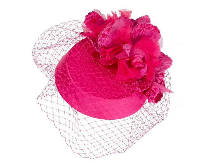 Custom made fuchsia pillbox hat with flowers & face veiling - Image 2