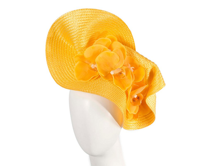 Large yellow fascinator with orchids by Fillies Collection