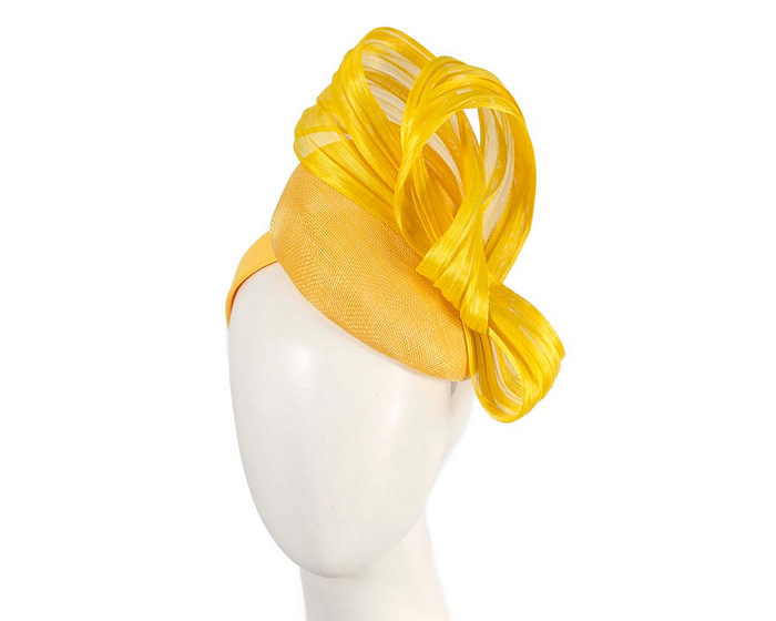 Yellow pillbox fascinator with silk abaca bow by Fillies Collection