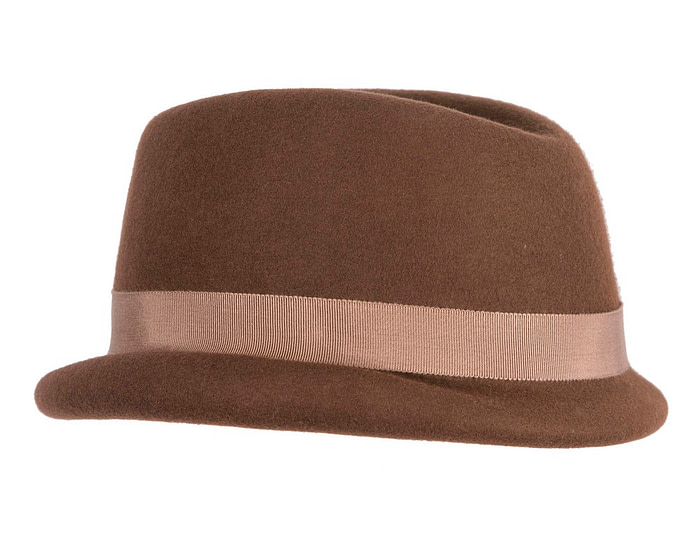 Chocolate brown short brim felt ladies fedora hat - Image 3