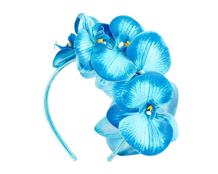 Bespoke blue orchid flower headband by Fillies Collection - Image 4