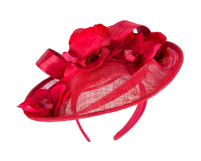 Large red fascinator with orchid flowers - Image 2