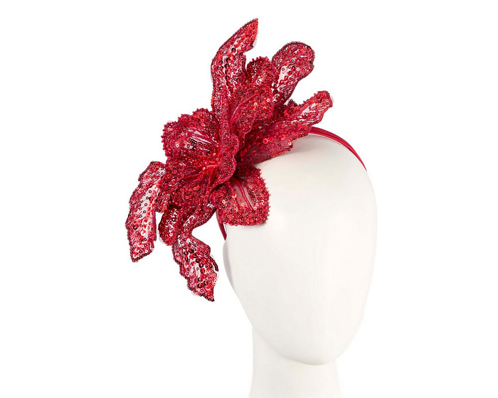 Shiny red lace fascinator by Cupids Millinery