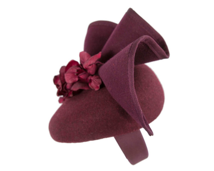 Burgundy winter pillbox fascinator with flowers by Fillies Collection - Image 3