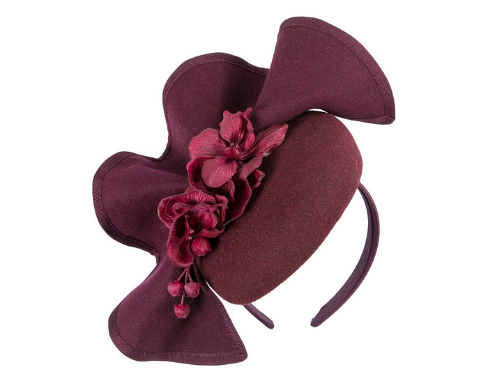 Burgundy winter pillbox fascinator with flowers by Fillies Collection - Image 2