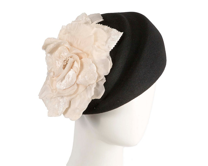 Black Wool Hat with Cream Floral Accent - Winter Elegance