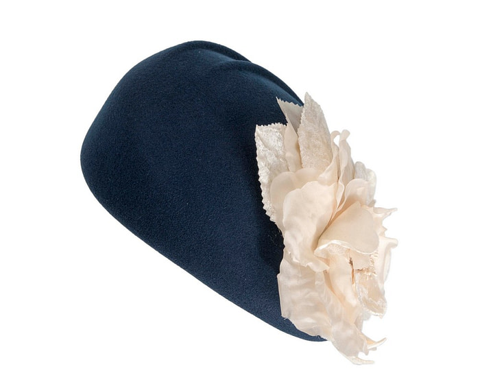 Navy Wool Hat with Cream Floral Accent - Winter Elegance - Image 6