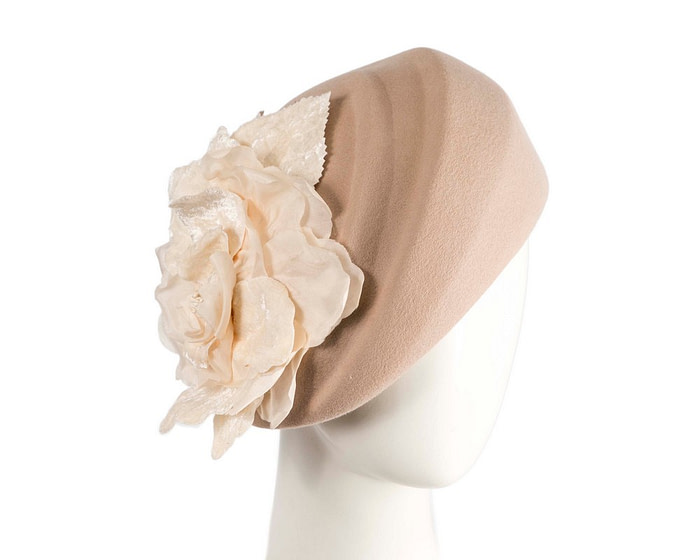 Nude Wool Hat with Floral Accent - Winter Elegance