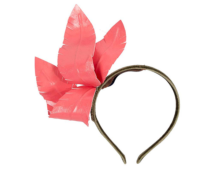 Coral leather flower headband fascinator - Image 2