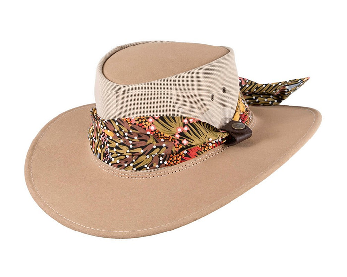 Beige Australian Suede Leather Hat Aboriginal Scarf - Image 2