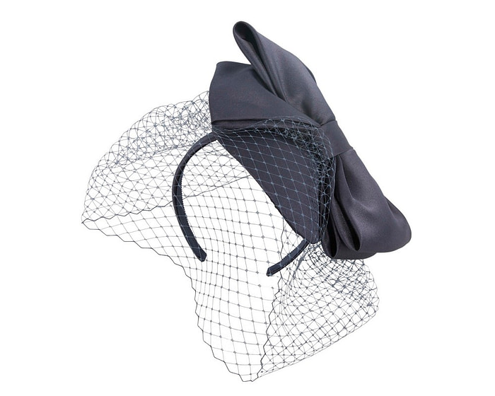 Navy satin fascinator with big bow & veil by Max Alexander - Image 2