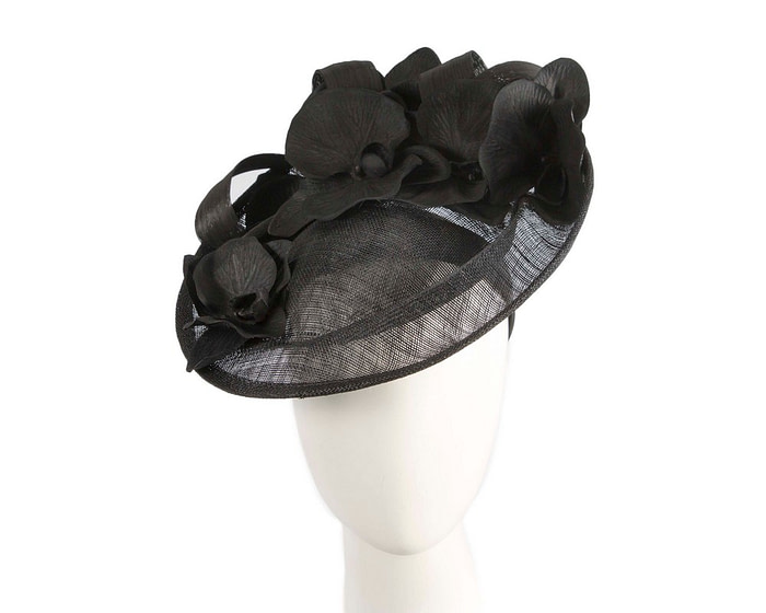 Large black fascinator with orchid flowers