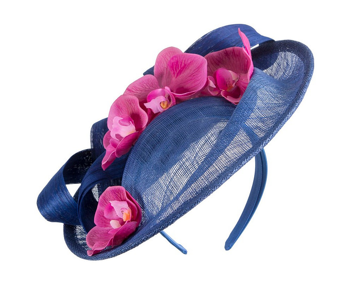 Large blue fascinator with fuchsia orchid flowers - Image 2