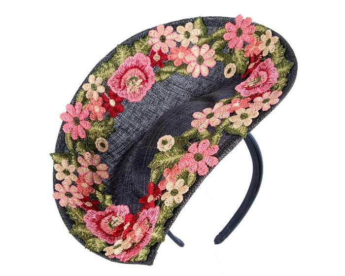 Floral Embroidered Navy Fascinator by Fillies Collection - Image 2