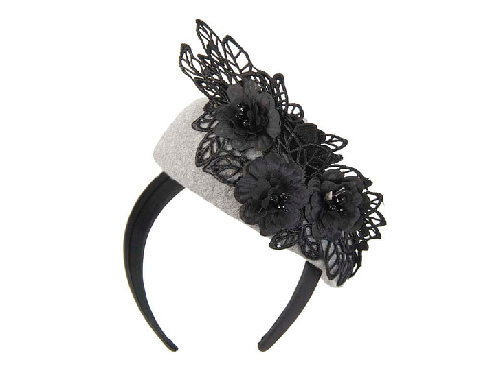 Silver & black winter pillbox with lace - Hats From OZ
