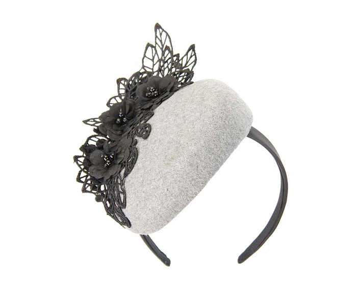 Silver & black winter pillbox with lace - Hats From OZ