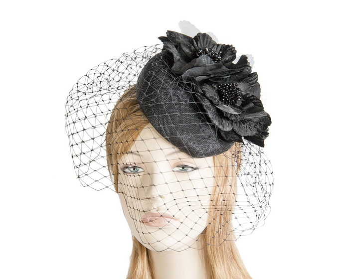 Black pillbox with flower & veil by Fillies Collection - Hats From OZ