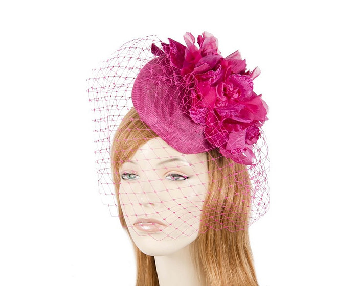 Fuchsia pillbox with flower & veil by Fillies Collection - Hats From OZ