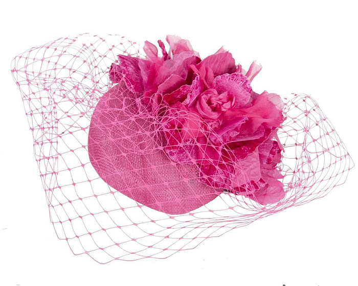 Fuchsia pillbox with flower & veil by Fillies Collection - Hats From OZ