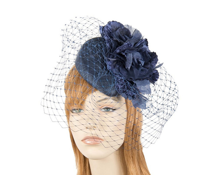 Navy pillbox with flower & veil by Fillies Collection - Hats From OZ