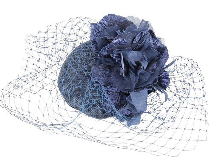 Navy pillbox with flower & veil by Fillies Collection - Hats From OZ