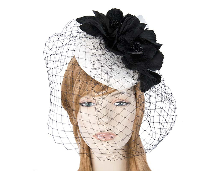 White & black pillbox with flower & veil - Hats From OZ