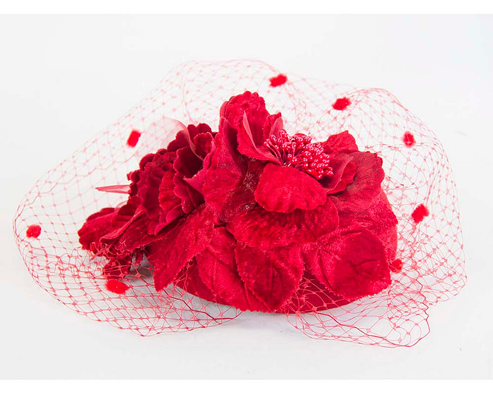 Red winter racing felt pillbox with flower and veiling by Fillies Collection - Hats From OZ