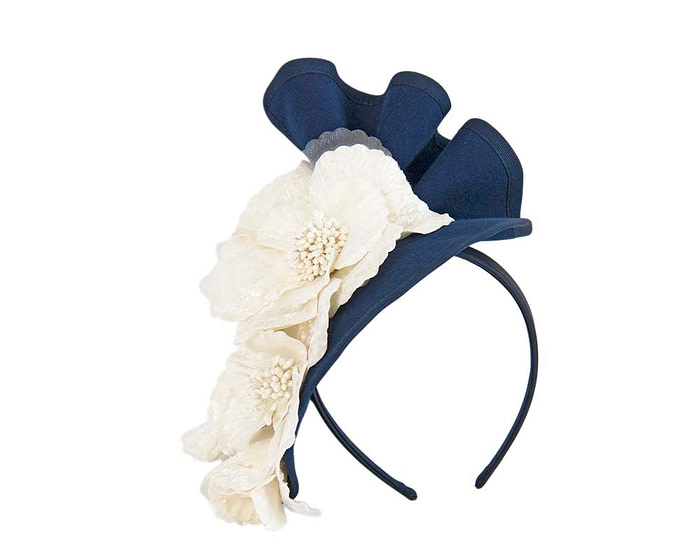 Large navy felt winter fascinator with cream flower by Fillies Collection - Hats From OZ