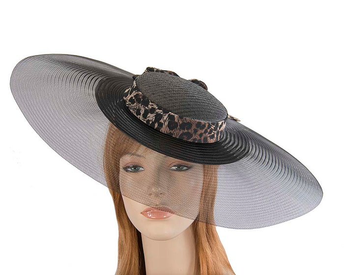 Bespoke black & leopard wide brim boater hat - Hats From OZ
