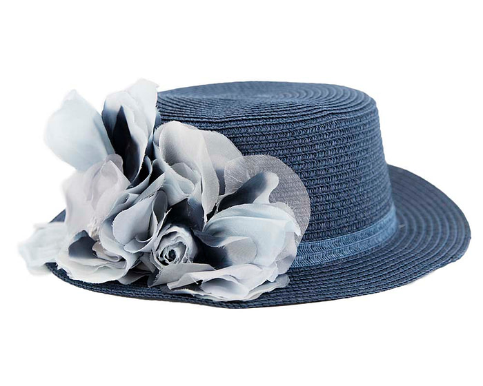 Straw navy hat with silk flower - Hats From OZ
