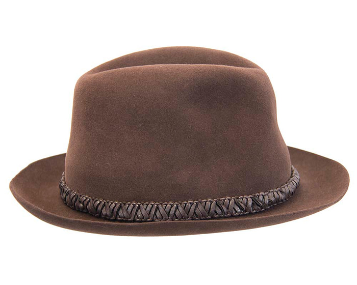 Brown unisex rabbit fur fedora hat with leather trim - Hats From OZ