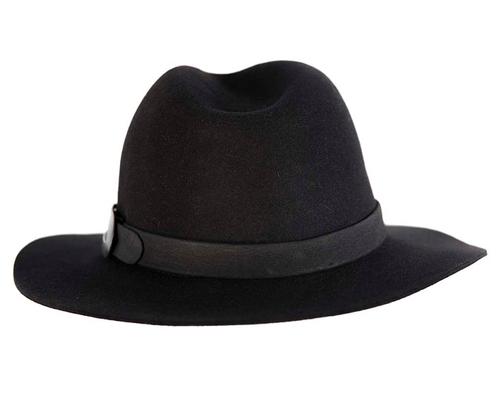 Black rabbit fur wide brim fedora hat with leather band - Hats From OZ
