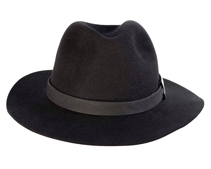 Black rabbit fur wide brim fedora hat with leather band - Hats From OZ