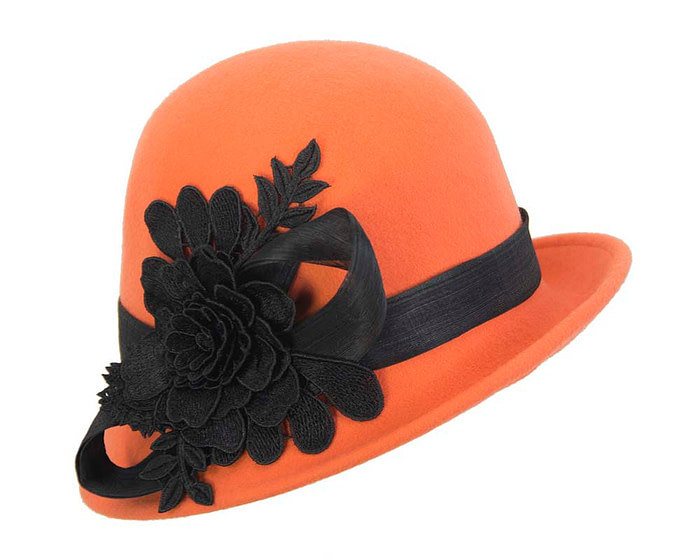 Orange felt cloche hat with lace by Fillies Collection - Hats From OZ