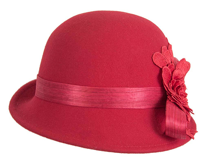 Red felt cloche hat with lace by Fillies Collection - Hats From OZ