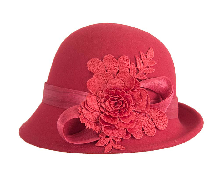 Red felt cloche hat with lace by Fillies Collection - Hats From OZ