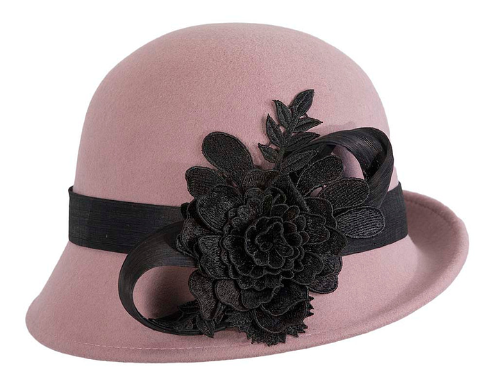 Dusty pink felt cloche hat with lace by Fillies Collection - Hats From OZ
