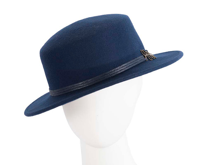 Wide brim navy ladies winter black felt boater by Cupids Millinery - Hats From OZ