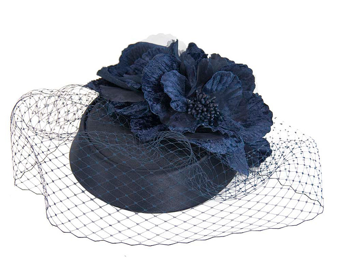 Custom made navy pillbox hat with flowers & face veiling - Hats From OZ